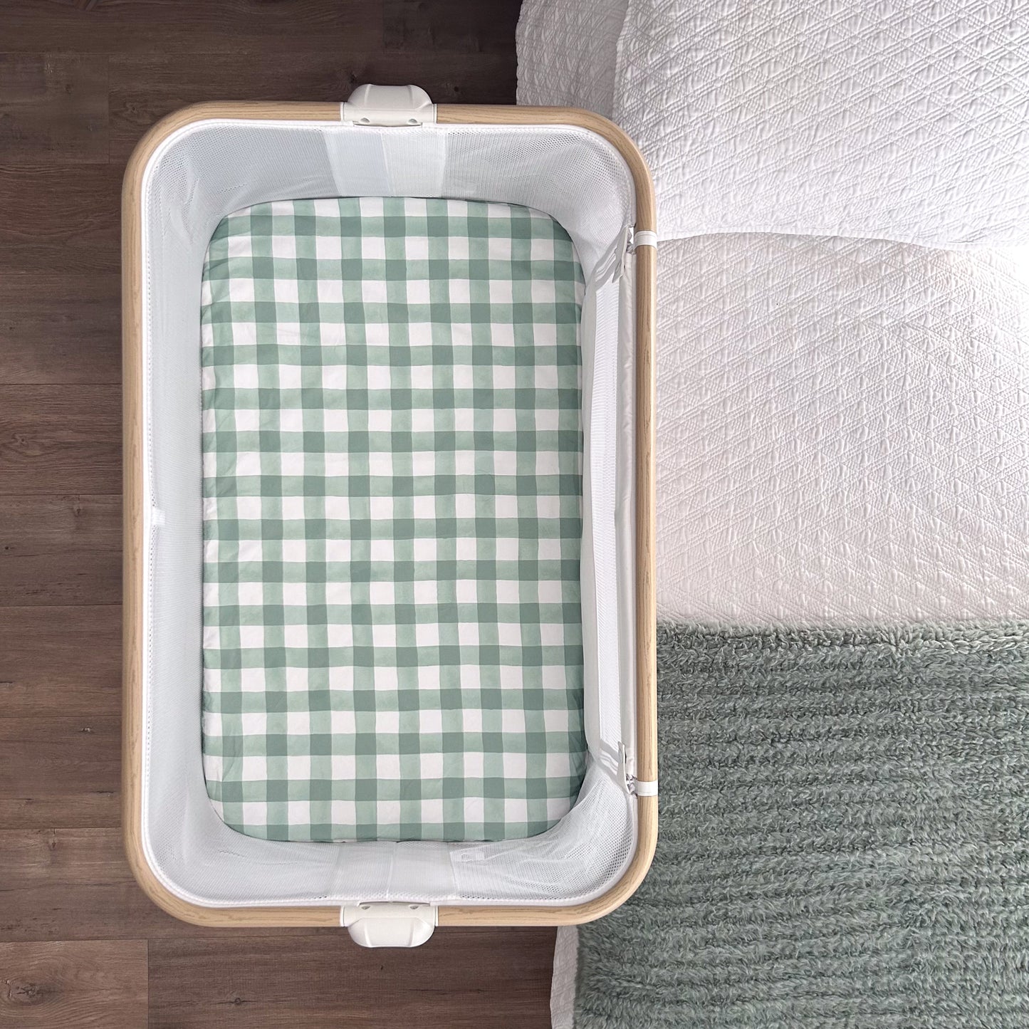 Co-Sleeper Bassinet / Change Pad Waterproof Sheet - Green Gingham